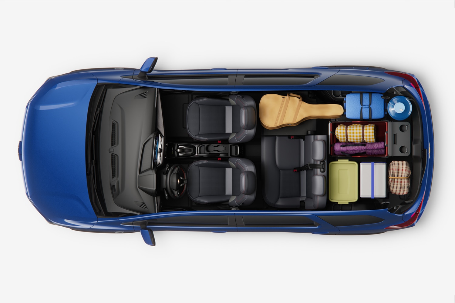Visão superior da Chevrolet Spin 2026 com bagageiro carregado de compras, destacando a versatilidade do espaço.