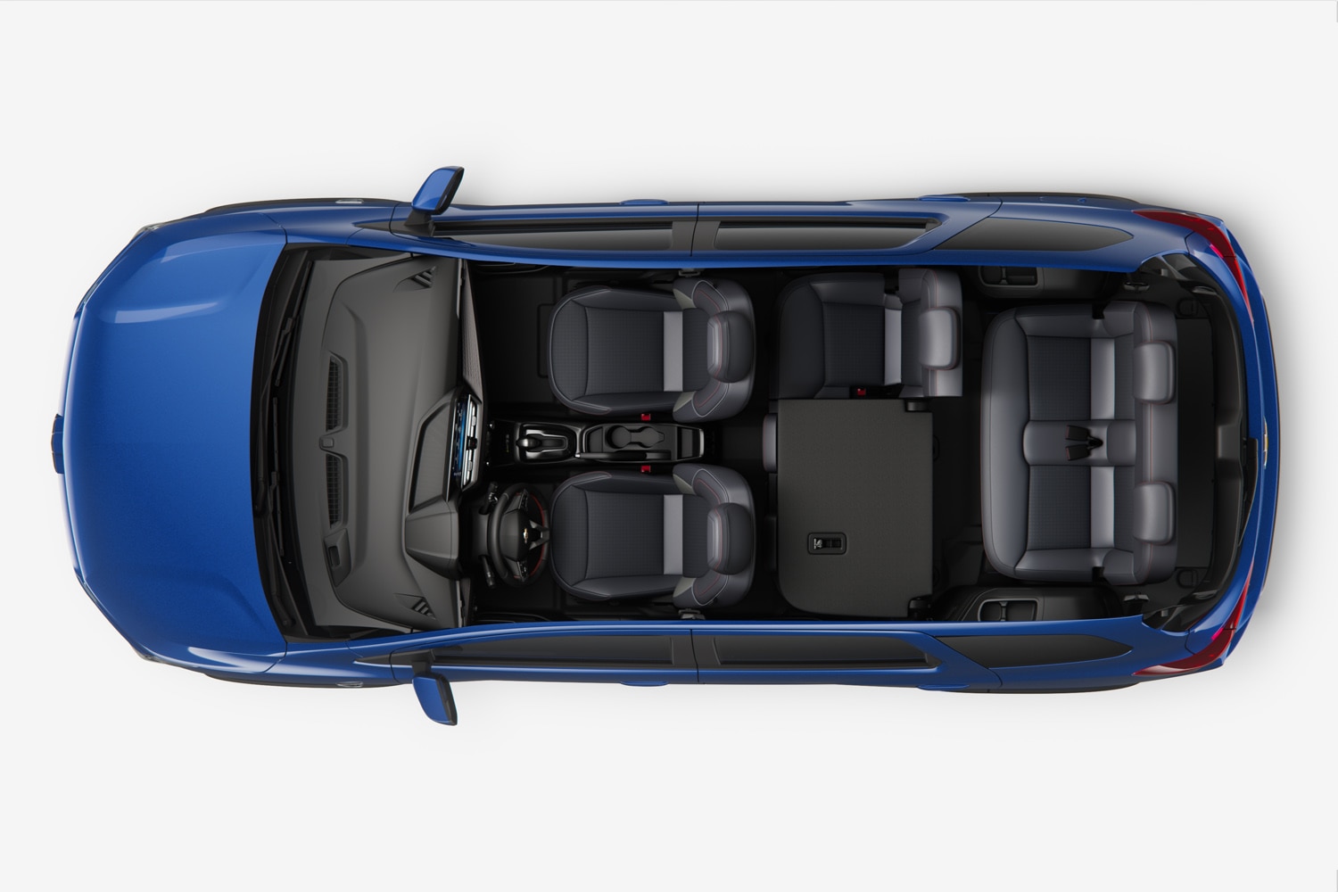 Visão superior da Chevrolet Spin 2026 com todos os bancos montados, ideal para acomodar até sete pessoas.